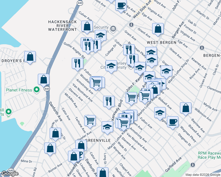 map of restaurants, bars, coffee shops, grocery stores, and more near 299 Fulton Avenue in Jersey City