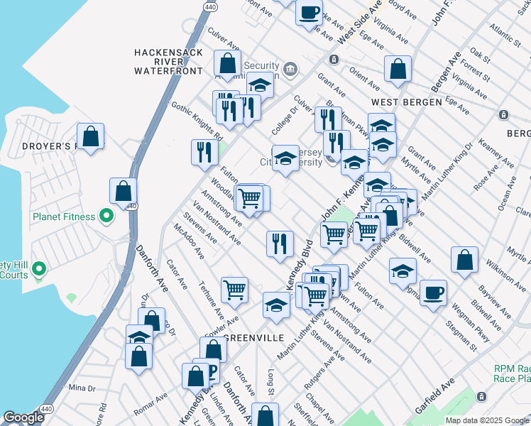 map of restaurants, bars, coffee shops, grocery stores, and more near 299 Fulton Avenue in Jersey City