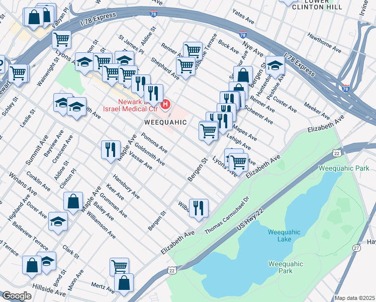 map of restaurants, bars, coffee shops, grocery stores, and more near 97 Pomona Avenue in Newark