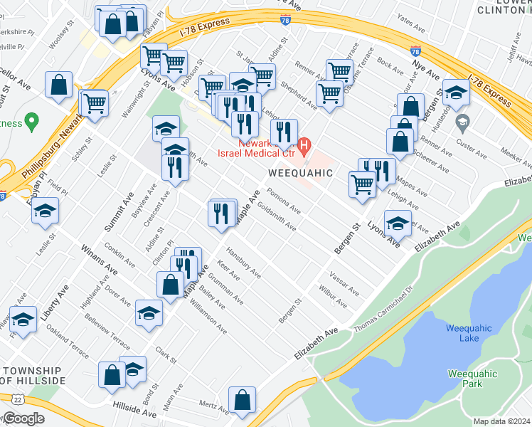 map of restaurants, bars, coffee shops, grocery stores, and more near 154 Goldsmith Avenue in Newark