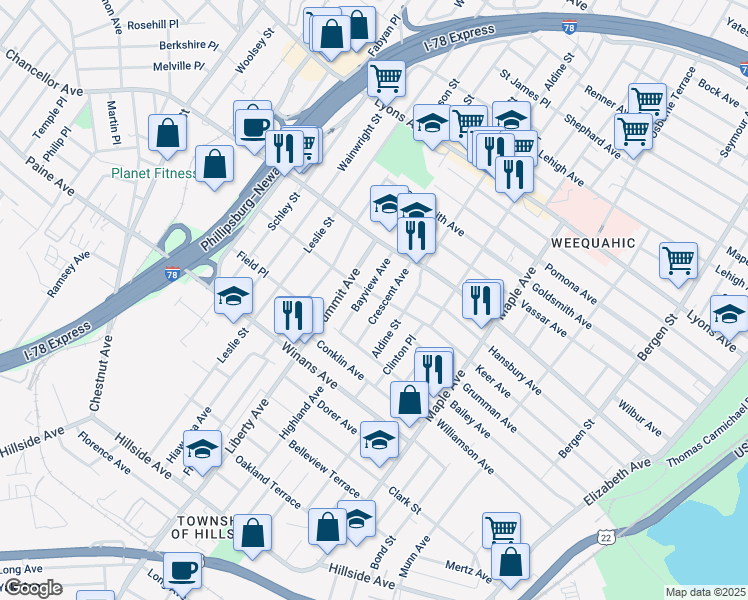 map of restaurants, bars, coffee shops, grocery stores, and more near 1625 Crescent Avenue in Hillside