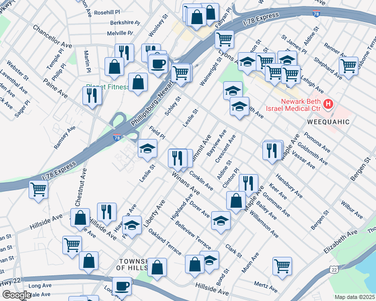 map of restaurants, bars, coffee shops, grocery stores, and more near 1584 Summit Avenue in Hillside