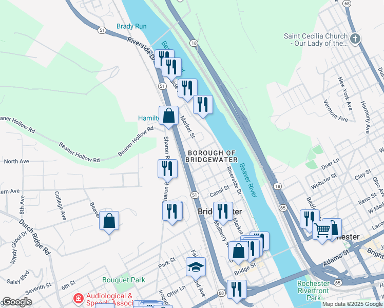 map of restaurants, bars, coffee shops, grocery stores, and more near 1215 Mulberry Street in Beaver