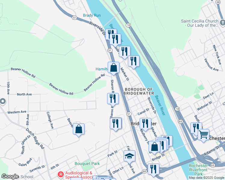 map of restaurants, bars, coffee shops, grocery stores, and more near 1321 Sharon Road in Beaver