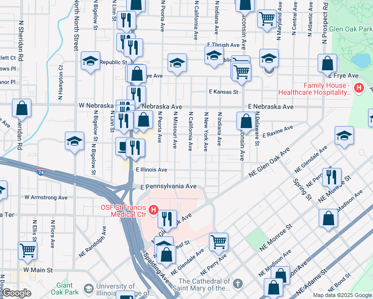 map of restaurants, bars, coffee shops, grocery stores, and more near 1619 North California Avenue in Peoria