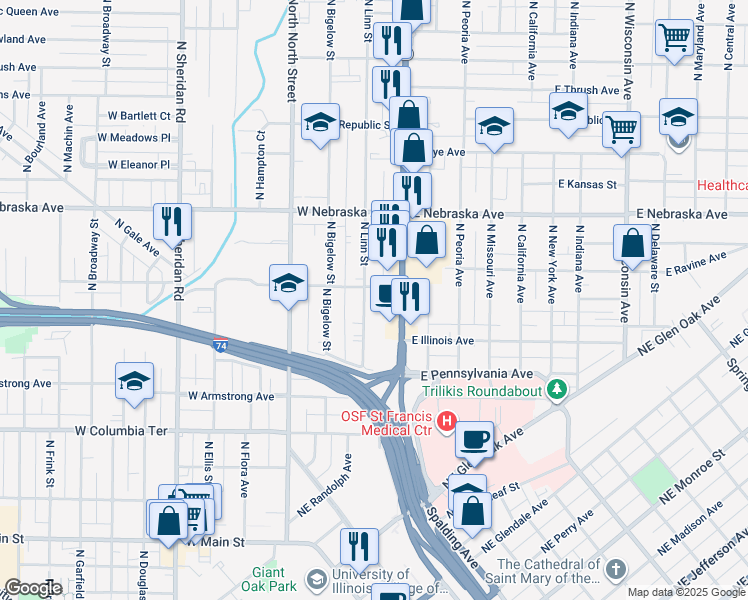 map of restaurants, bars, coffee shops, grocery stores, and more near 1604 N Linn St in Peoria