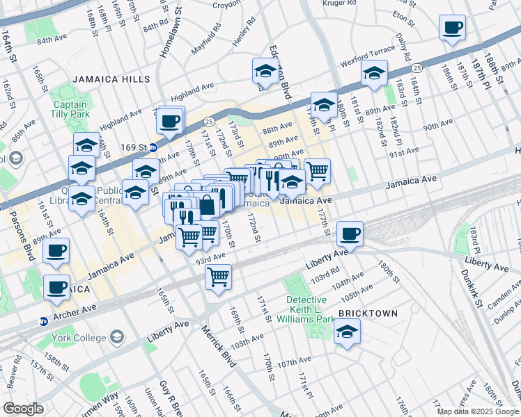 map of restaurants, bars, coffee shops, grocery stores, and more near 172-18 Jamaica Avenue in Queens