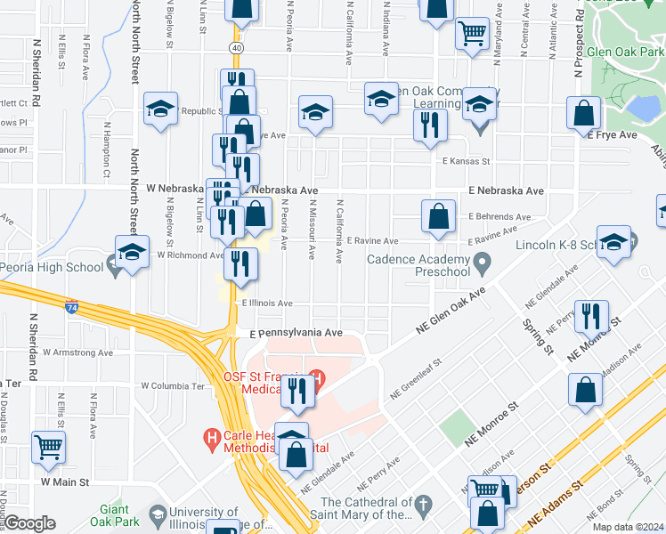 map of restaurants, bars, coffee shops, grocery stores, and more near 1631 North California Avenue in Peoria