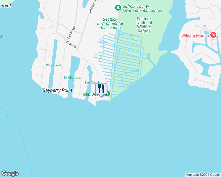 map of restaurants, bars, coffee shops, grocery stores, and more near 550 South Bay Avenue in Islip
