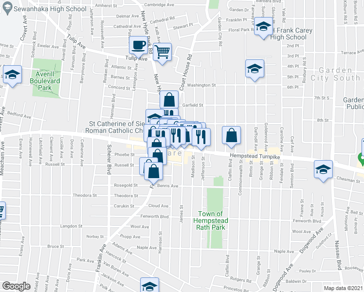 map of restaurants, bars, coffee shops, grocery stores, and more near 915 Hempstead Turnpike in Franklin Square