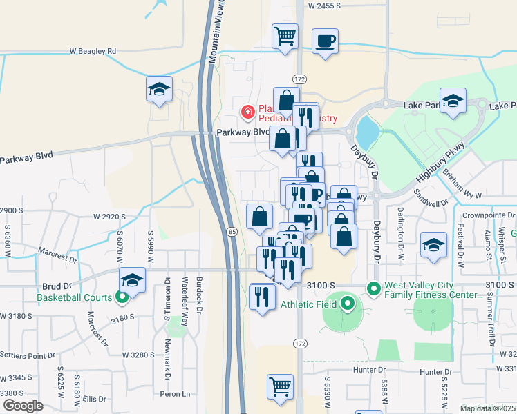 map of restaurants, bars, coffee shops, grocery stores, and more near 2895 Malcolm Place in West Valley City