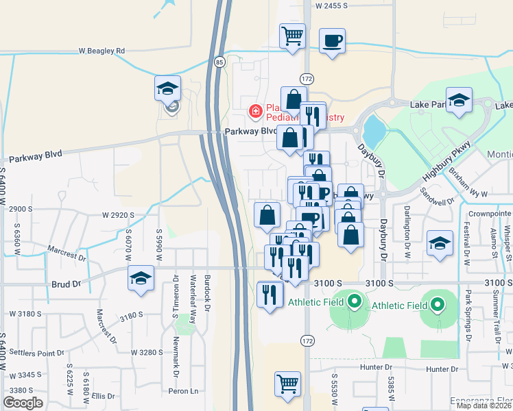 map of restaurants, bars, coffee shops, grocery stores, and more near 2895 Gabelich Lane in West Valley City