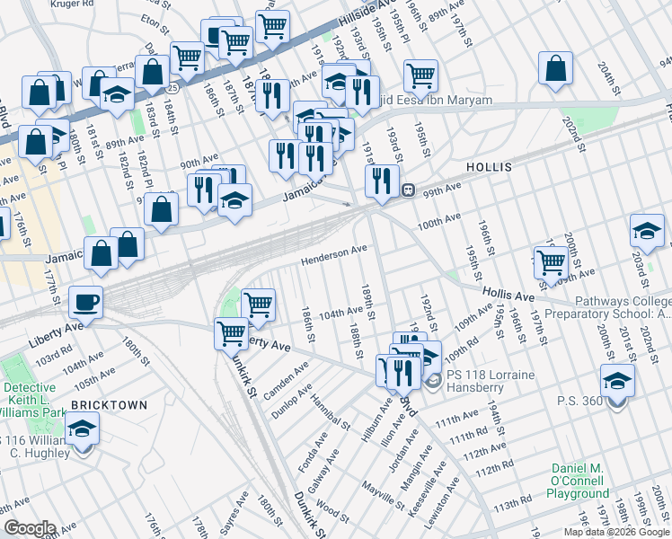 map of restaurants, bars, coffee shops, grocery stores, and more near 102-33 187th Street in Queens