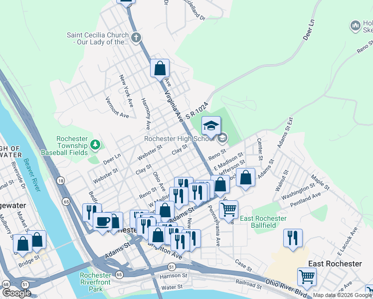 map of restaurants, bars, coffee shops, grocery stores, and more near 430 Pennsylvania Avenue in Rochester