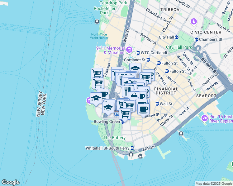 map of restaurants, bars, coffee shops, grocery stores, and more near Joseph P Ward Street in New York