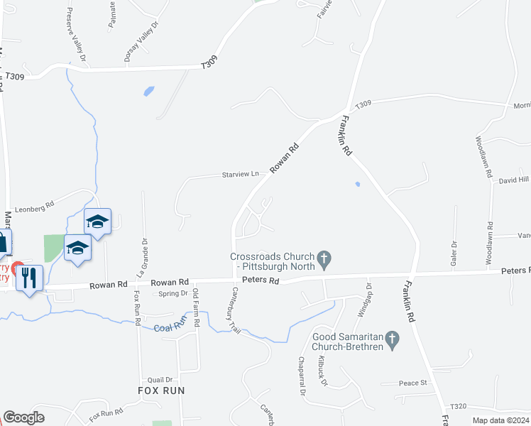 map of restaurants, bars, coffee shops, grocery stores, and more near 202 T814 in Cranberry Township
