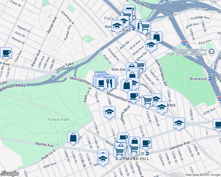 map of restaurants, bars, coffee shops, grocery stores, and more near 11819 Metropolitan Avenue in Queens