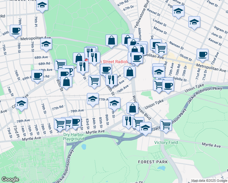 map of restaurants, bars, coffee shops, grocery stores, and more near 76-11 88th Street in Queens