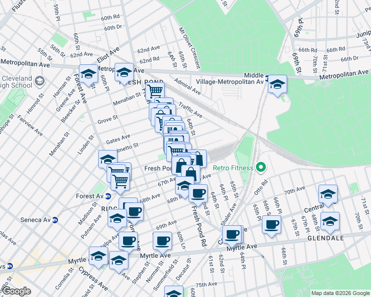 map of restaurants, bars, coffee shops, grocery stores, and more near 61-28 Madison Street in Queens