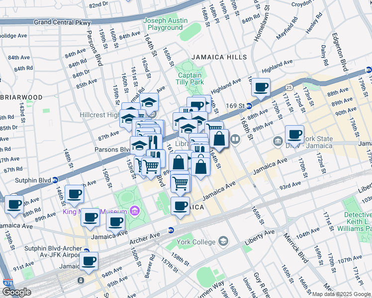 map of restaurants, bars, coffee shops, grocery stores, and more near 88-35 162nd Street in Queens