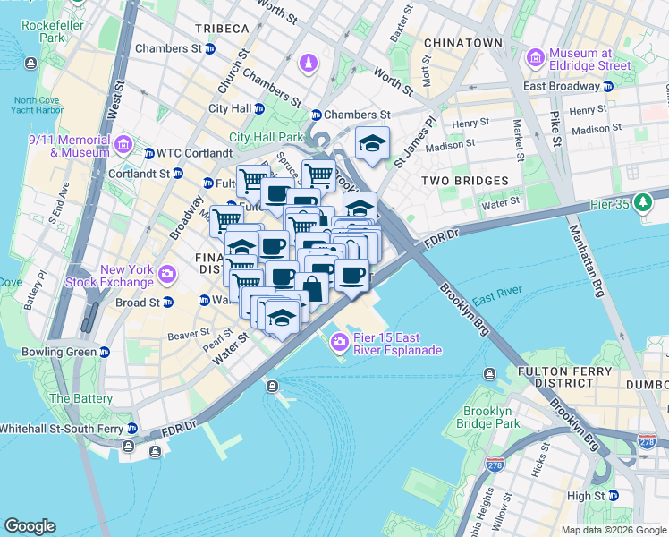 map of restaurants, bars, coffee shops, grocery stores, and more near 100 Beekman Street in New York