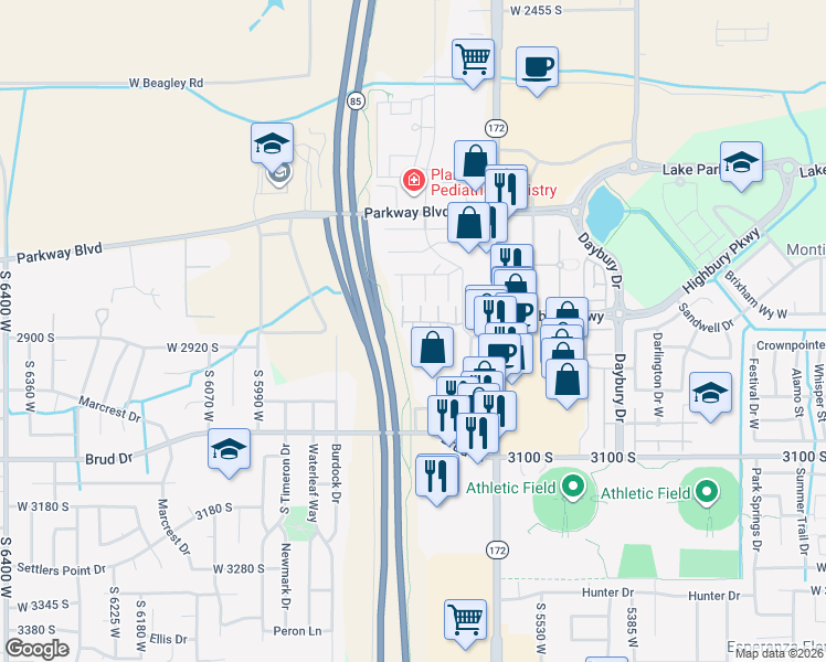 map of restaurants, bars, coffee shops, grocery stores, and more near 2895 Gabelich Lane in West Valley City