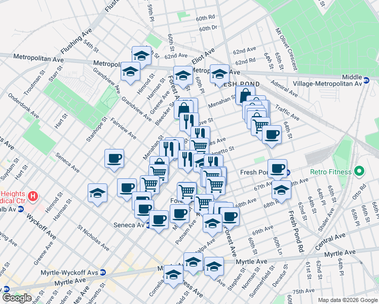 map of restaurants, bars, coffee shops, grocery stores, and more near in Queens
