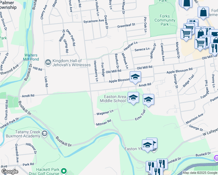 map of restaurants, bars, coffee shops, grocery stores, and more near 723 Arndt Road in Easton