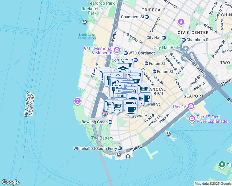 map of restaurants, bars, coffee shops, grocery stores, and more near 71 Broadway in New York