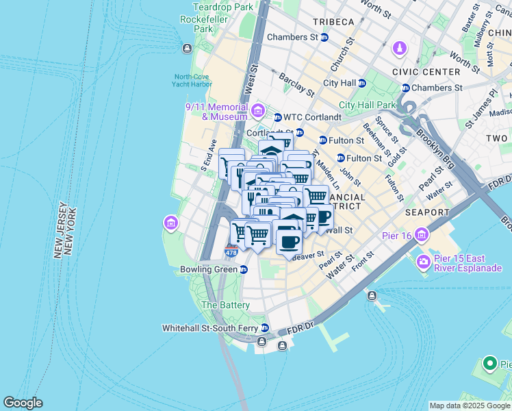 map of restaurants, bars, coffee shops, grocery stores, and more near 44 Trinity Place in New York