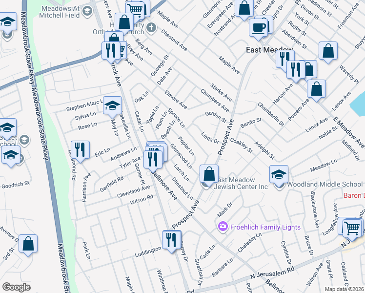 map of restaurants, bars, coffee shops, grocery stores, and more near 510 Poplar Lane in East Meadow