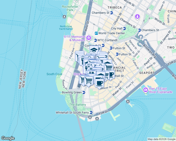 map of restaurants, bars, coffee shops, grocery stores, and more near 42 Trinity Place in New York