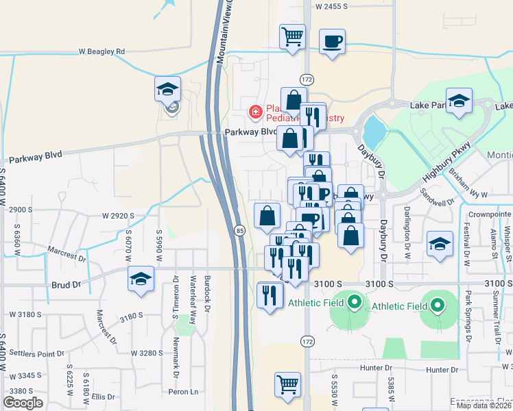 map of restaurants, bars, coffee shops, grocery stores, and more near 2893 Gabelich Lane in West Valley City