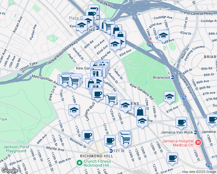 map of restaurants, bars, coffee shops, grocery stores, and more near 84-38 Beverly Road in Queens
