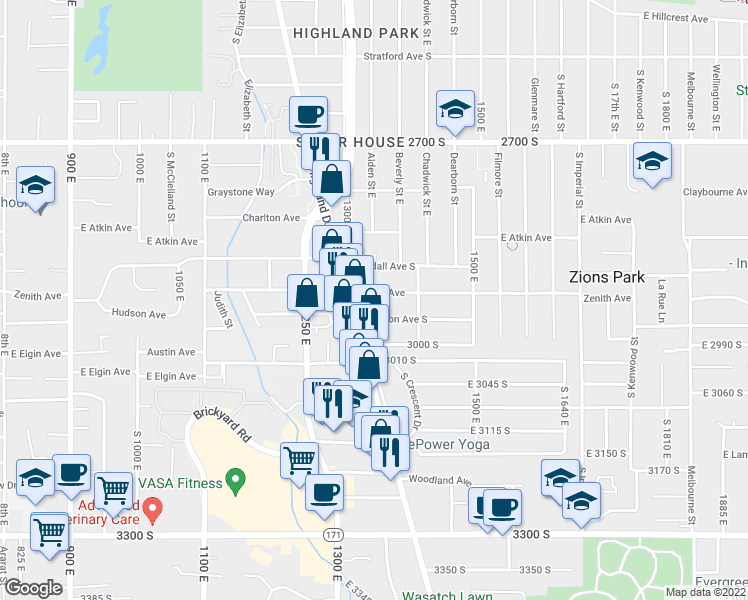 map of restaurants, bars, coffee shops, grocery stores, and more near 1334 Zenith Avenue in Salt Lake City