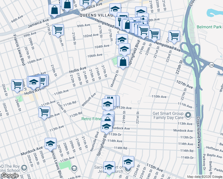 map of restaurants, bars, coffee shops, grocery stores, and more near 216-31 111th Avenue in Queens