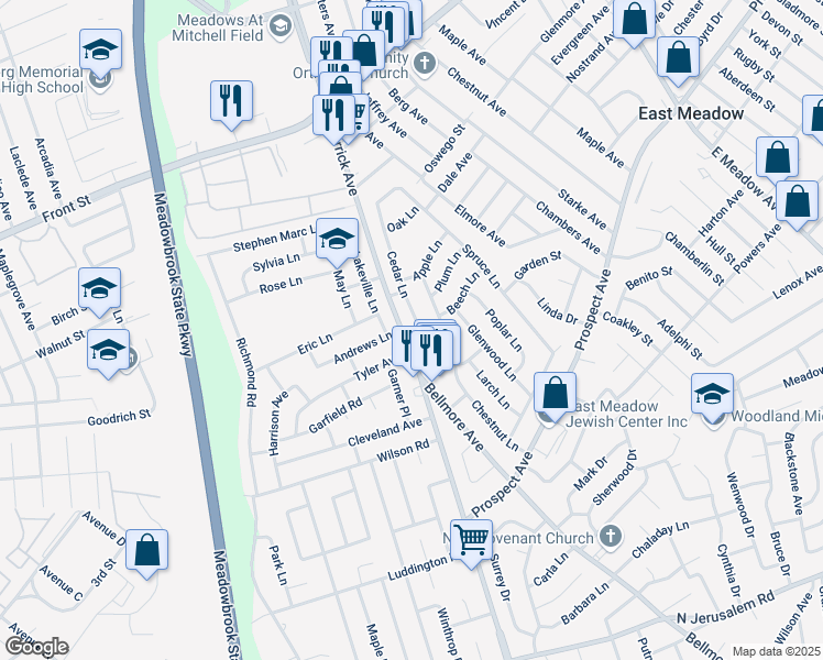 map of restaurants, bars, coffee shops, grocery stores, and more near 1555 Tyler Avenue in East Meadow