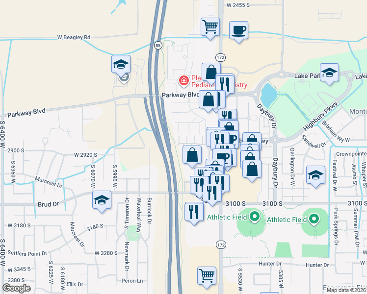 map of restaurants, bars, coffee shops, grocery stores, and more near 2893 Gabelich Lane in West Valley City