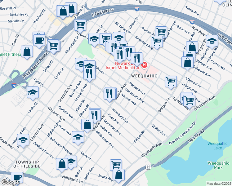 map of restaurants, bars, coffee shops, grocery stores, and more near 197 Chancellor Avenue in Newark
