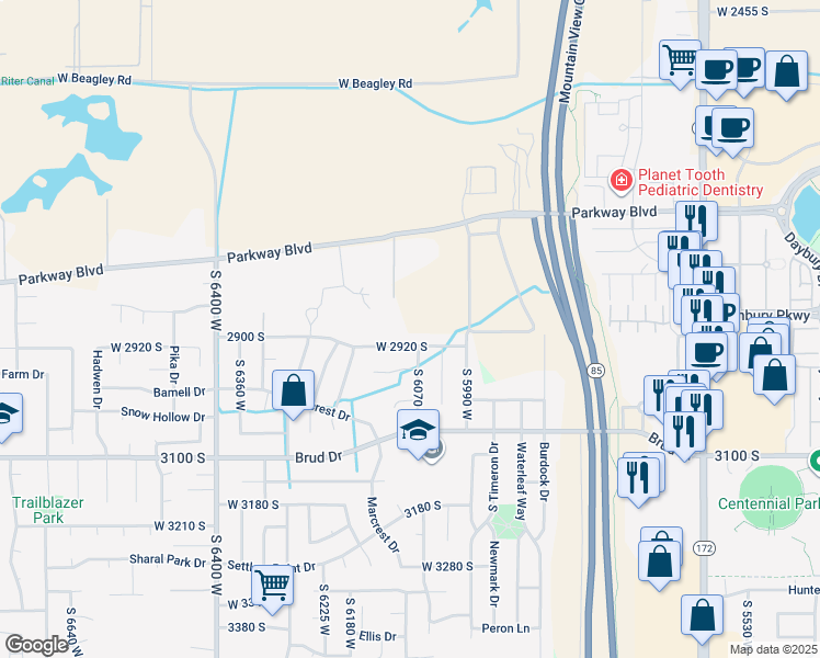 map of restaurants, bars, coffee shops, grocery stores, and more near 6075 West McAlpine Lane in West Valley City