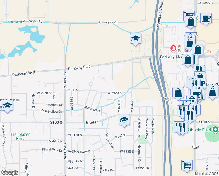map of restaurants, bars, coffee shops, grocery stores, and more near 6131 West McAlpine Lane in West Valley City