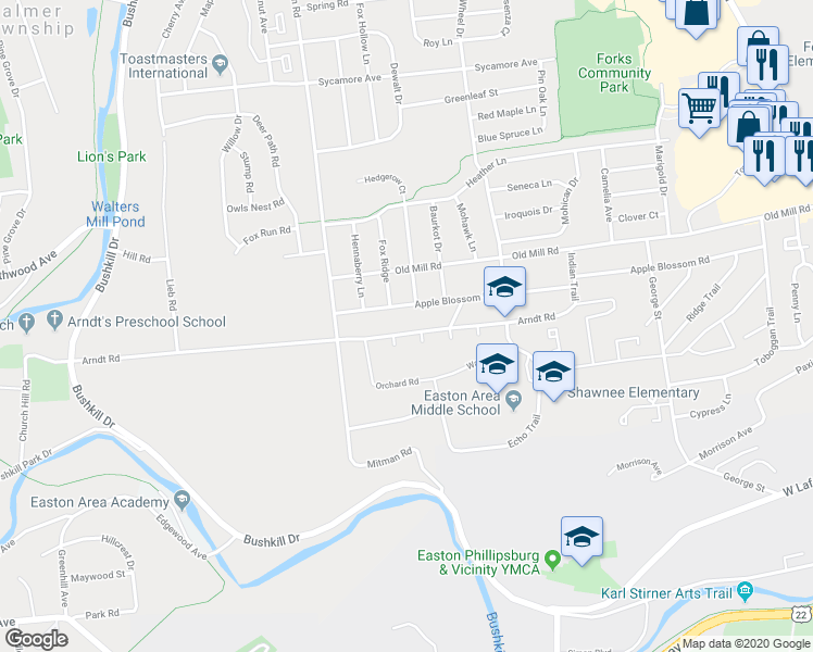 map of restaurants, bars, coffee shops, grocery stores, and more near 723 Arndt Road in Easton
