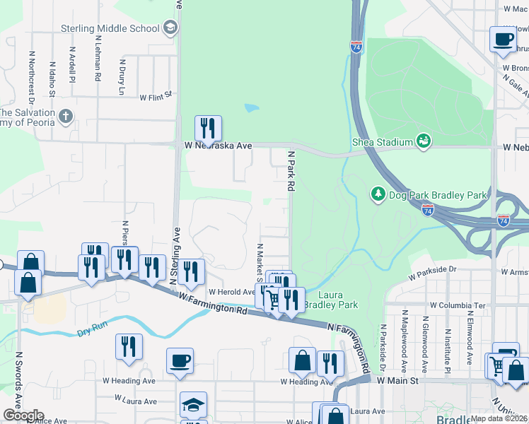 map of restaurants, bars, coffee shops, grocery stores, and more near 2109-2111 West Texas Street in West Peoria