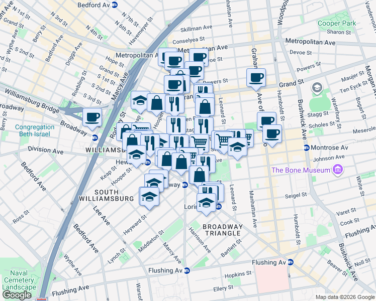 map of restaurants, bars, coffee shops, grocery stores, and more near 210 Union Avenue in Brooklyn