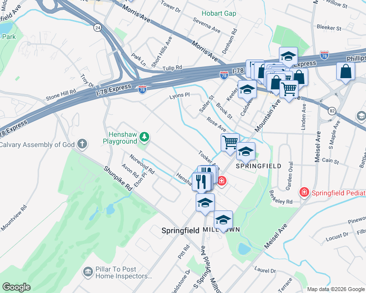 map of restaurants, bars, coffee shops, grocery stores, and more near 98 Hawthorne Avenue in Springfield