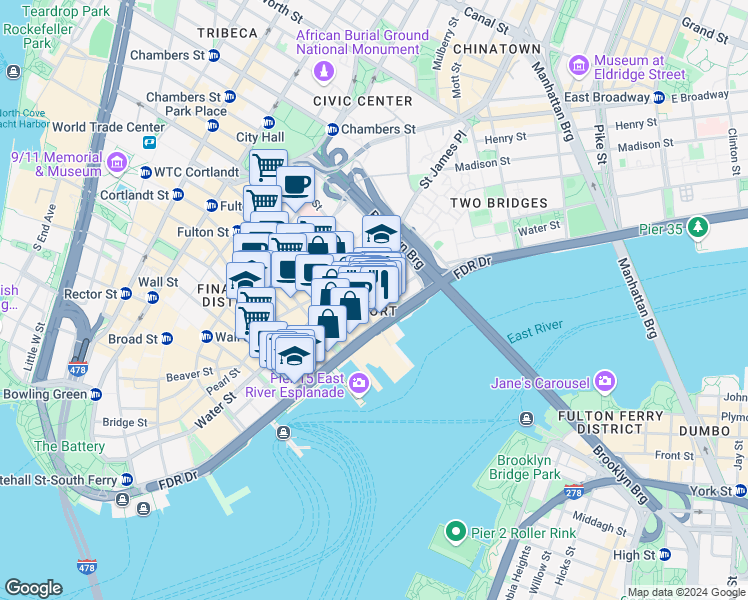 map of restaurants, bars, coffee shops, grocery stores, and more near 222 Front Street in New York