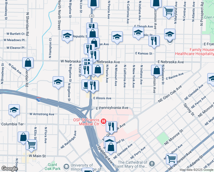 map of restaurants, bars, coffee shops, grocery stores, and more near 1631 N Peoria Ave in Peoria