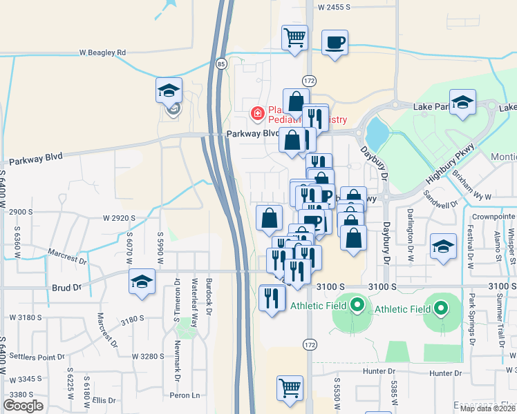 map of restaurants, bars, coffee shops, grocery stores, and more near 2893 Gabelich Lane in West Valley City