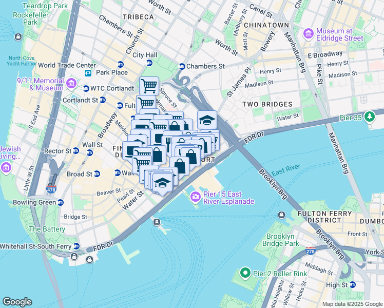 map of restaurants, bars, coffee shops, grocery stores, and more near 220 Water Street in New York