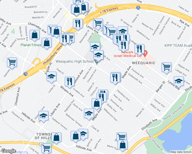 map of restaurants, bars, coffee shops, grocery stores, and more near 261 Aldine Street in Hillside